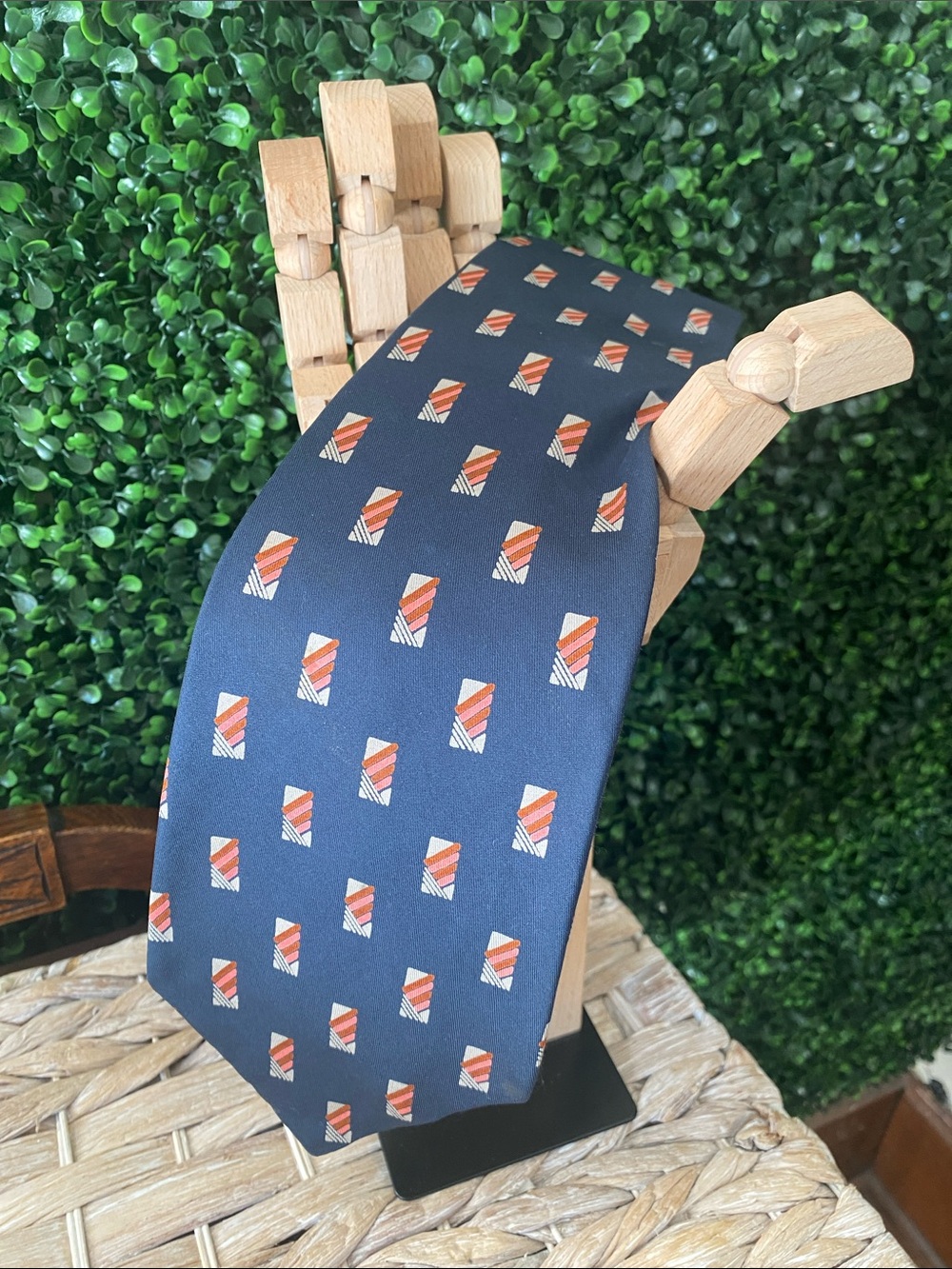 Yves Saint Laurent Navy Tie with Orange and White Motif